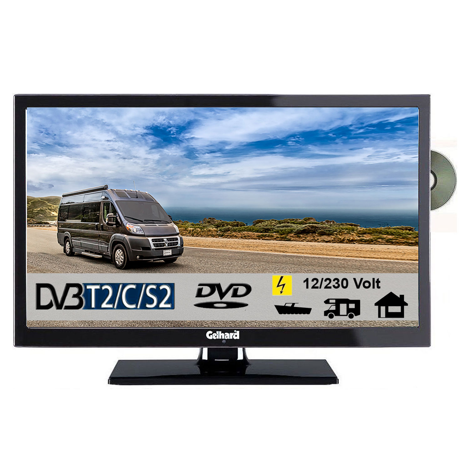 12 Volt Fernseher Mit Integriertem Receiver Gelhard GTV2241 LED Fernseher 22 Zoll DVB/S/S2/T2/C, DVD, USB, 12V 230