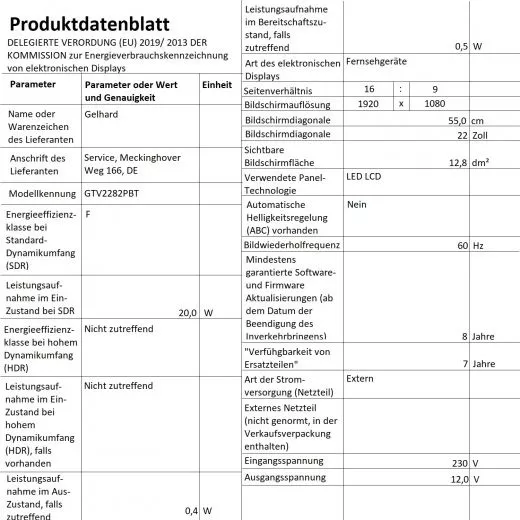 Gelhard GTV2282PBT LED 22 Zoll Wide Screen TV DVD DVB/S/S2/T2/C 12/24/230 Volt