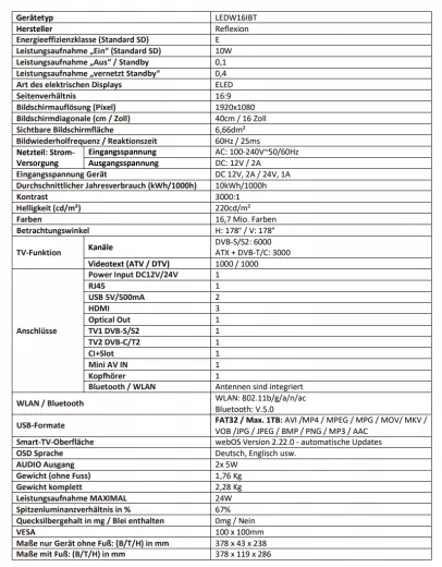 REFLEXION LEDW16iBT LED-Fernseher (40,00 cm/16 Zoll, Full HD, Smart-TV, DC IN 12 Volt / 24 Volt - Netzteil 230V)