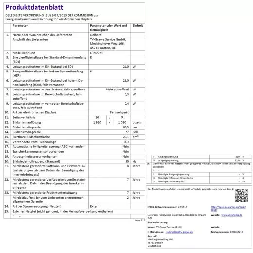 Gelhard GTV2756 27&quote; LED Smart TV WebOS mit DVD und Bluetooth DVB-S2/C/T2 f�r 12V u. 230Volt WLAN Full HD