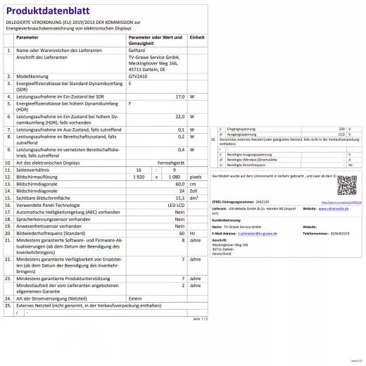 Gelhard GTV2410 LED Smart TV WebOS und Bluetooth DVB-S2/C/T2 f�r 12V u. 230Volt WLAN Full HD + PVR