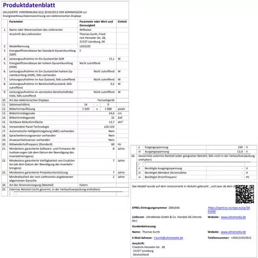 Reflexion LED2225 (55cm) LED TV mit Triple-Tuner (DVB-S2, DVB-C und DVB-T2 HD) und Aufnahmefunktion