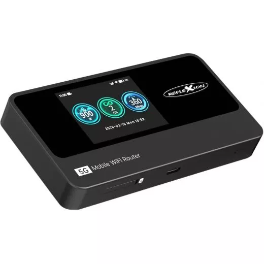 Reflexion 5GCONNECT - Mobiler 5G WLAN Router mit Akku 4200mAh, WiFi 6 Hotspot mit Nano-SIM Slot, 2,4 Zoll Display, bis 16 Ger�te, USB-C, tragbarer Internet Router f�r Reisen/Homeoffice/Baustelle